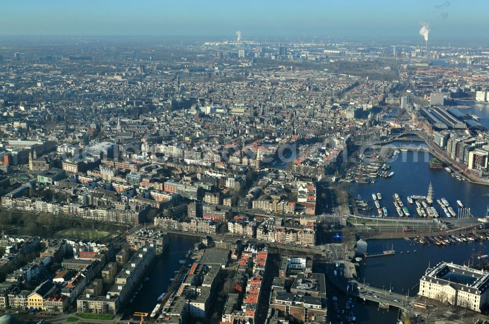 Aerial image Amsterdam - City center with districts Nieuwmarkt en Lasttageund De Wallen Binnenstadt of Amsterdam in the Netherlands