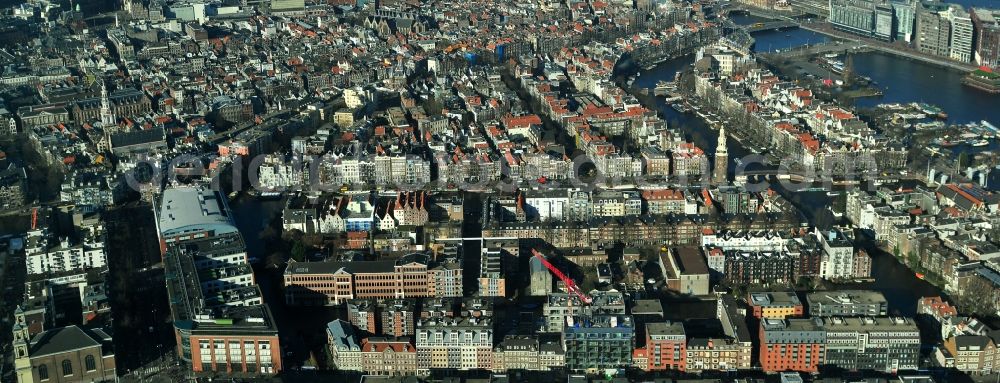 Amsterdam from above - City center with districts De Wallen, Waalse Kerk, Droog and Binnenstad in Amsterdam Netherlands