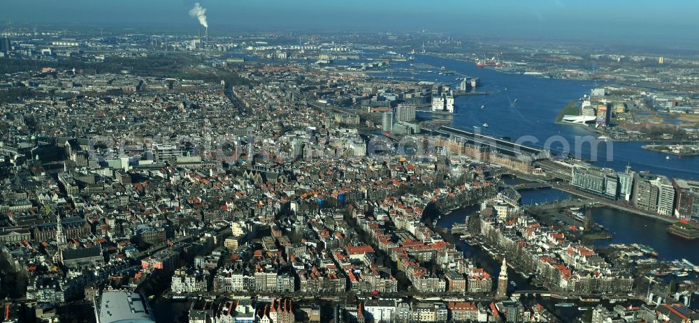 Amsterdam from the bird's eye view: City center with districts De Wallen, Waalse Kerk, Droog and Binnenstad in Amsterdam Netherlands