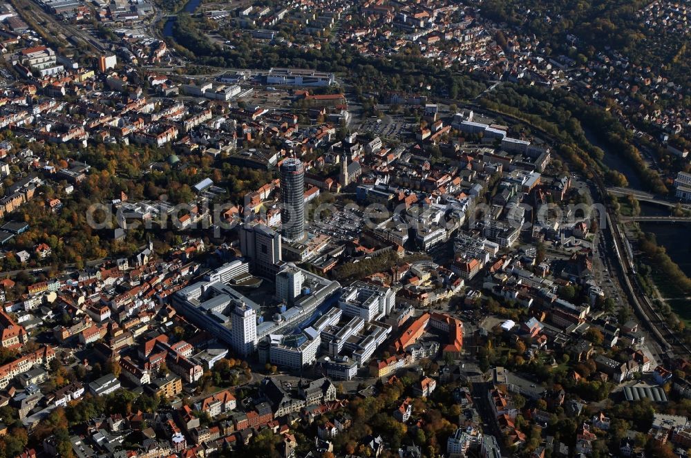 Aerial image Jena - Overview of the downtown with the university and the tower Jentower from Jena in Thuringia