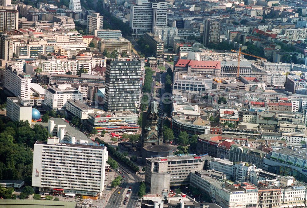 Berlin from the bird's eye view: Cityscape of downtown West Bahnhof Zoo with Breitscheidplatz and Kaiser Wilhelm Memorial Church on Kurfürstendamm, opposite the Europa Center