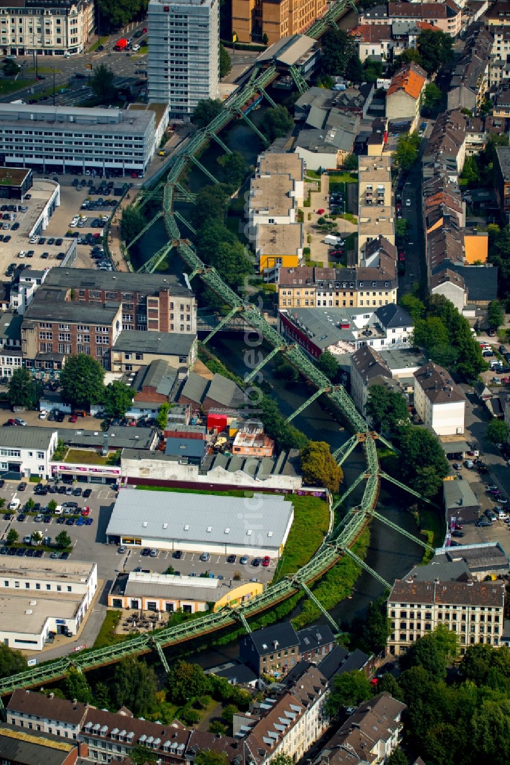 Wuppertal from above - Steel construction of the Wuppertaler cable railway above the river Wupper in Wuppertal in the state North Rhine-Westphalia