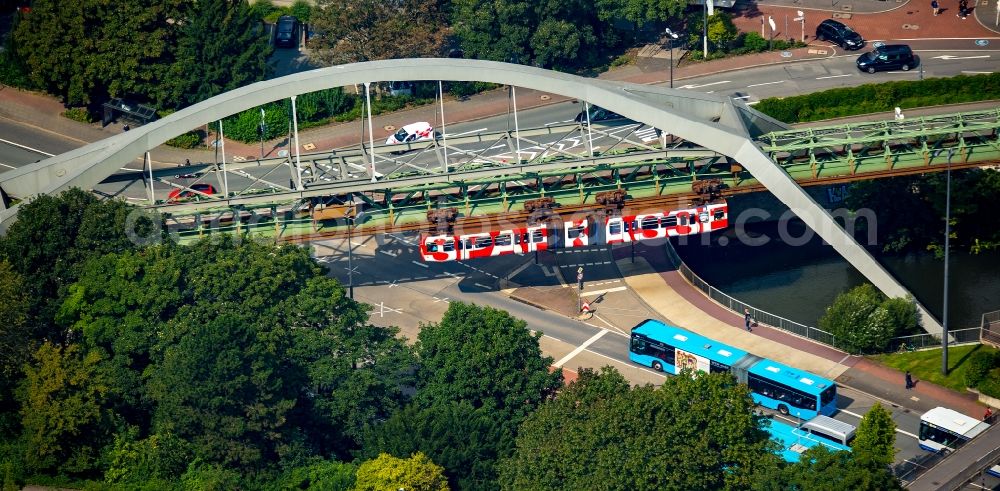 Aerial image Wuppertal - Steel construction of the Wuppertaler cable railway above the river Wupper in Wuppertal in the state North Rhine-Westphalia