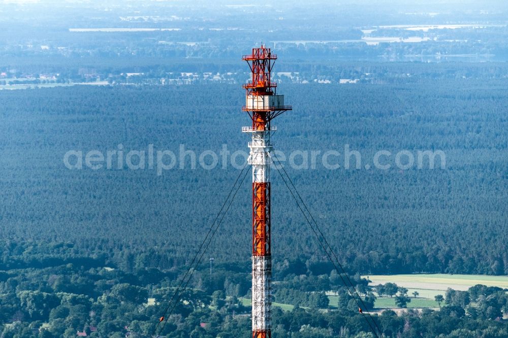 Pevestorf from above - Steel mast funkturm and transmission system as basic network transmitter Gartow 2 in Pevestorf in the state Lower Saxony, Germany