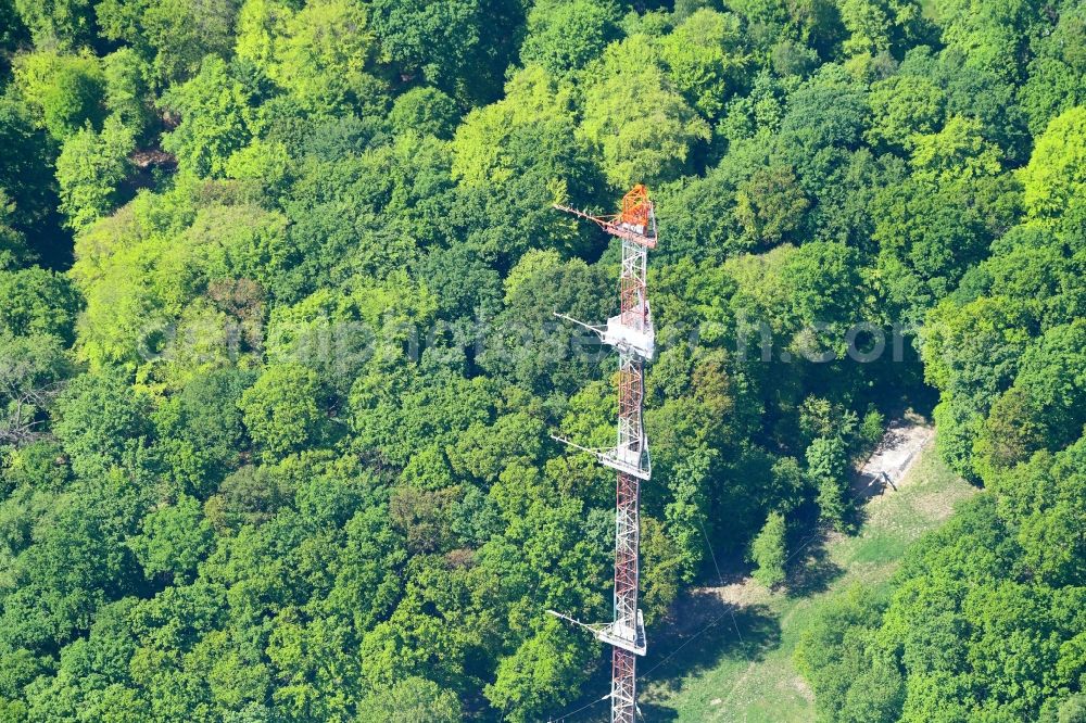 Jülich from the bird's eye view: Steel mast funkturm and transmission system as basic network transmitter in Juelich in the state North Rhine-Westphalia, Germany