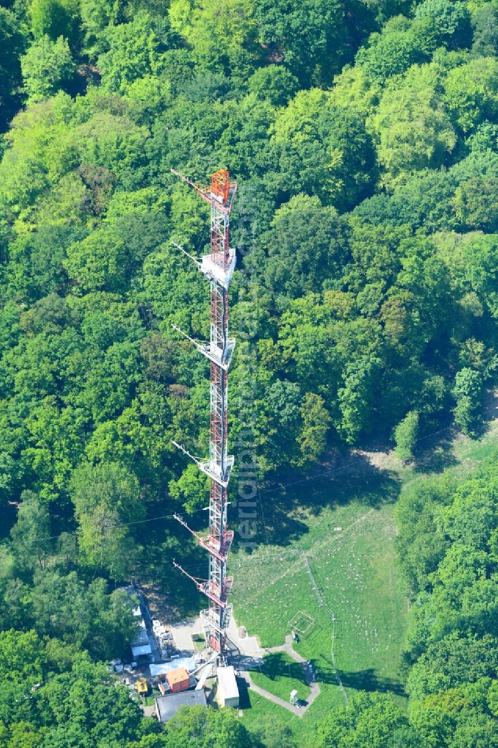 Jülich from above - Steel mast funkturm and transmission system as basic network transmitter in Juelich in the state North Rhine-Westphalia, Germany