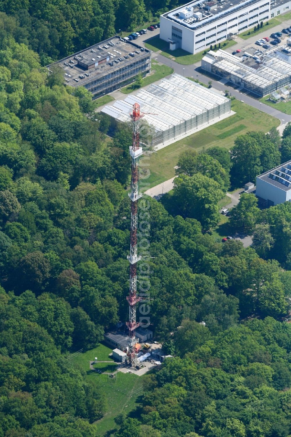 Jülich from above - Steel mast funkturm and transmission system as basic network transmitter in Juelich in the state North Rhine-Westphalia, Germany