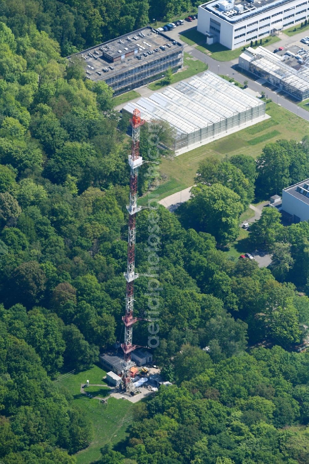 Jülich from the bird's eye view: Steel mast funkturm and transmission system as basic network transmitter in Juelich in the state North Rhine-Westphalia, Germany