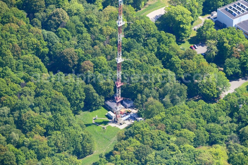 Aerial image Jülich - Steel mast funkturm and transmission system as basic network transmitter in Juelich in the state North Rhine-Westphalia, Germany