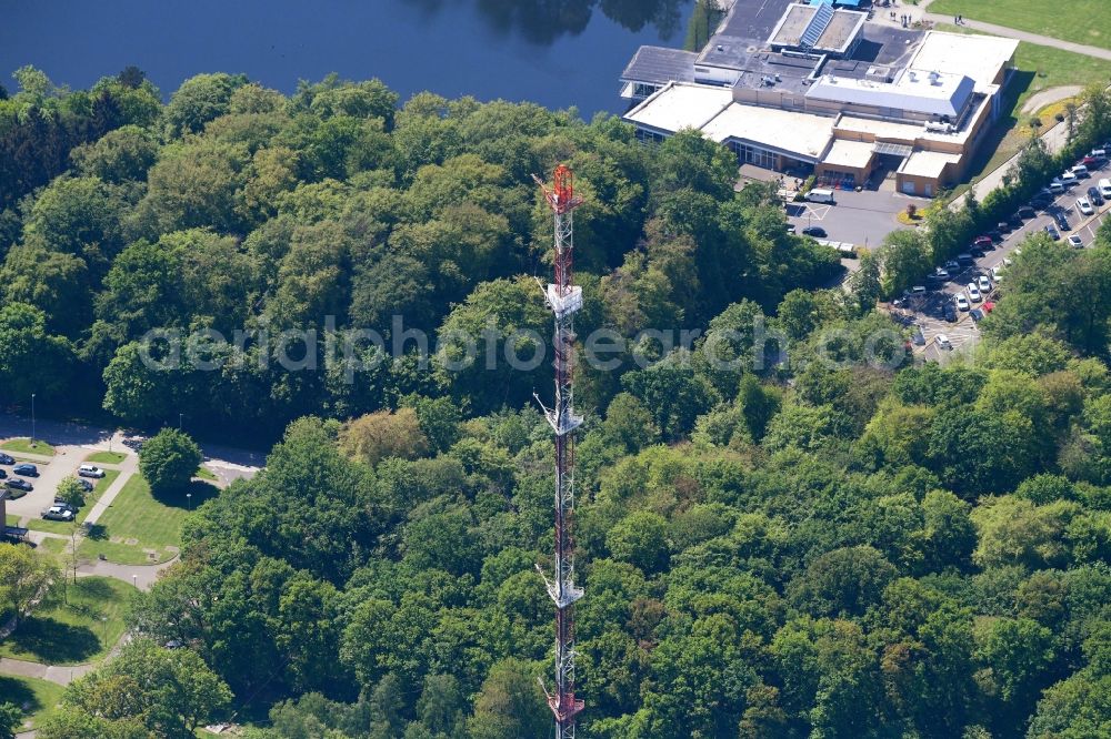 Jülich from the bird's eye view: Steel mast funkturm and transmission system as basic network transmitter in Juelich in the state North Rhine-Westphalia, Germany