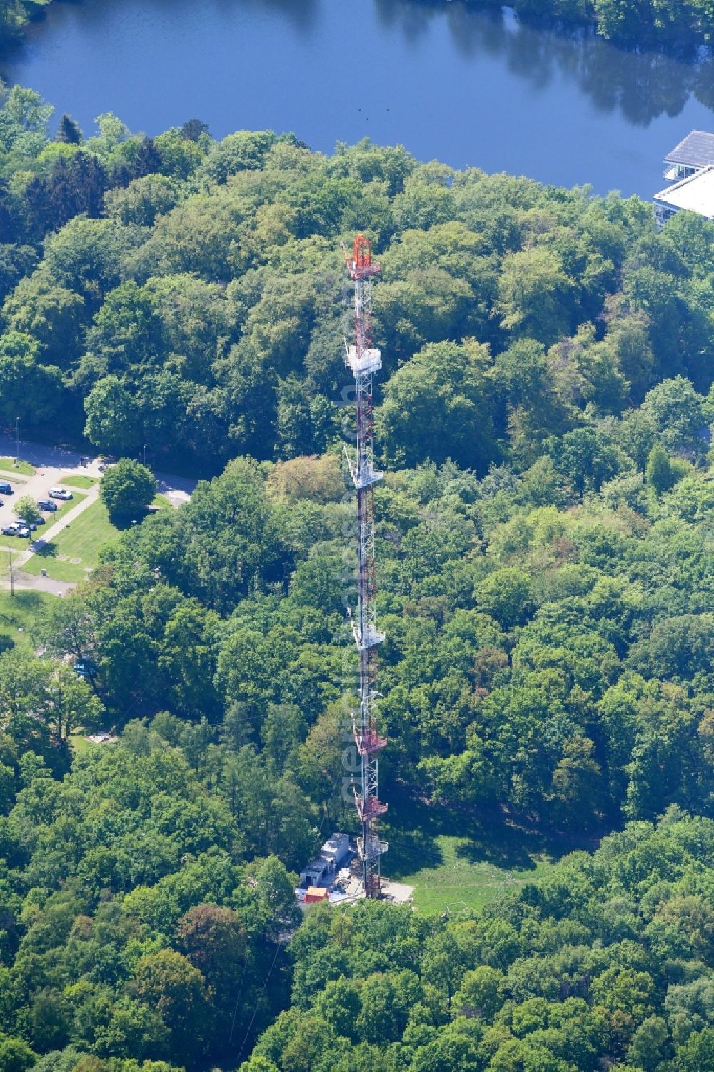 Aerial image Jülich - Steel mast funkturm and transmission system as basic network transmitter in Juelich in the state North Rhine-Westphalia, Germany