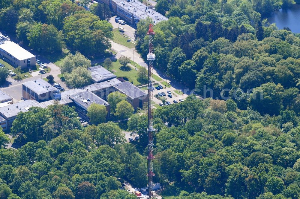 Aerial photograph Jülich - Steel mast funkturm and transmission system as basic network transmitter in Juelich in the state North Rhine-Westphalia, Germany