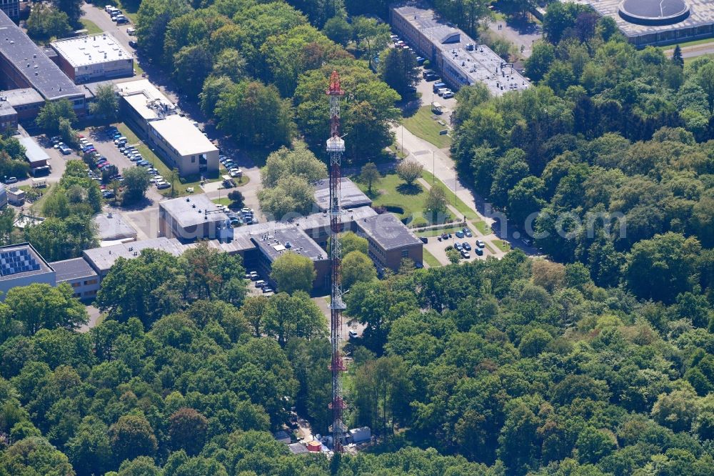 Jülich from above - Steel mast funkturm and transmission system as basic network transmitter in Juelich in the state North Rhine-Westphalia, Germany