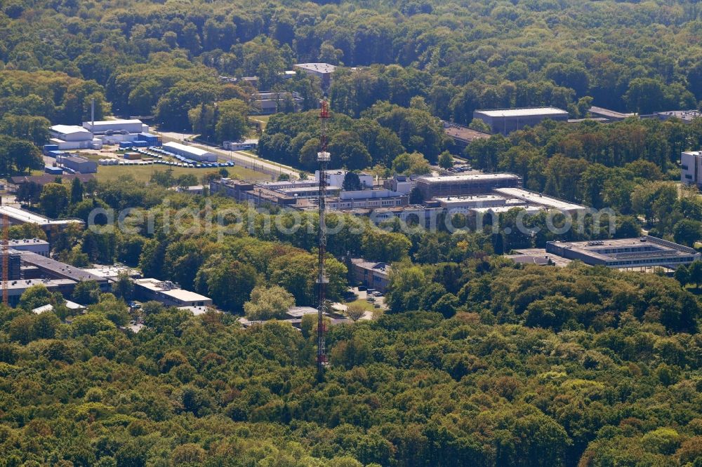 Jülich from the bird's eye view: Steel mast funkturm and transmission system as basic network transmitter in Juelich in the state North Rhine-Westphalia, Germany