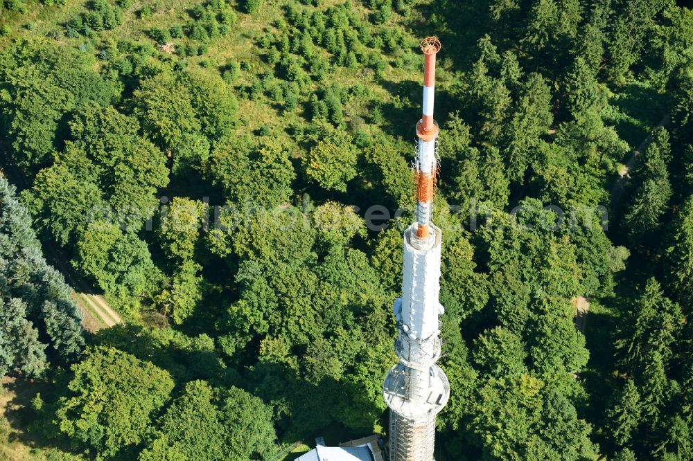 Herscheid from the bird's eye view: Steel mast funkturm and transmission system as basic network transmitter Robert-Kolb-Turm of Westdeutscher Rundfunk on Nordheller Weg in Herscheid in the state North Rhine-Westphalia, Germany