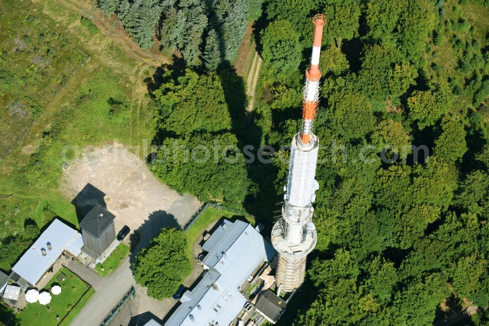 Aerial image Herscheid - Steel mast funkturm and transmission system as basic network transmitter Robert-Kolb-Turm of Westdeutscher Rundfunk on Nordheller Weg in Herscheid in the state North Rhine-Westphalia, Germany