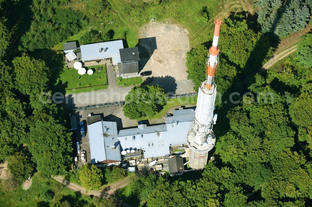 Aerial photograph Herscheid - Steel mast funkturm and transmission system as basic network transmitter Robert-Kolb-Turm of Westdeutscher Rundfunk on Nordheller Weg in Herscheid in the state North Rhine-Westphalia, Germany