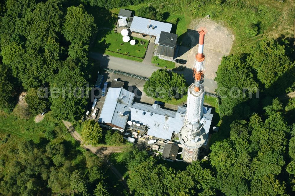 Herscheid from the bird's eye view: Steel mast funkturm and transmission system as basic network transmitter Robert-Kolb-Turm of Westdeutscher Rundfunk on Nordheller Weg in Herscheid in the state North Rhine-Westphalia, Germany