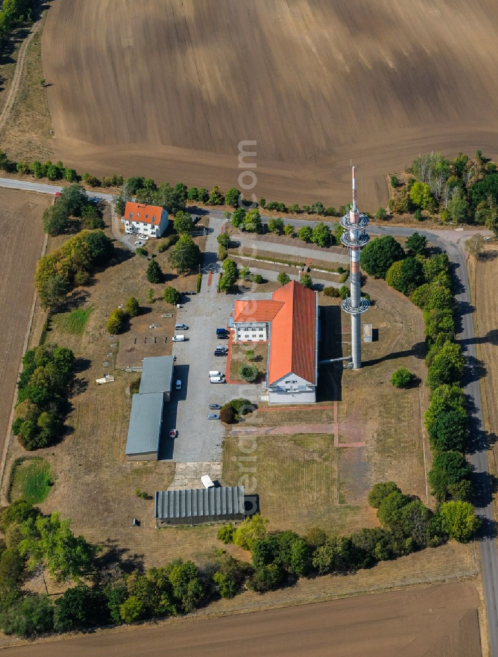 Seeben from above - Steel mast funkturm and transmission system as basic network transmitter in Seeben in the state Saxony-Anhalt, Germany