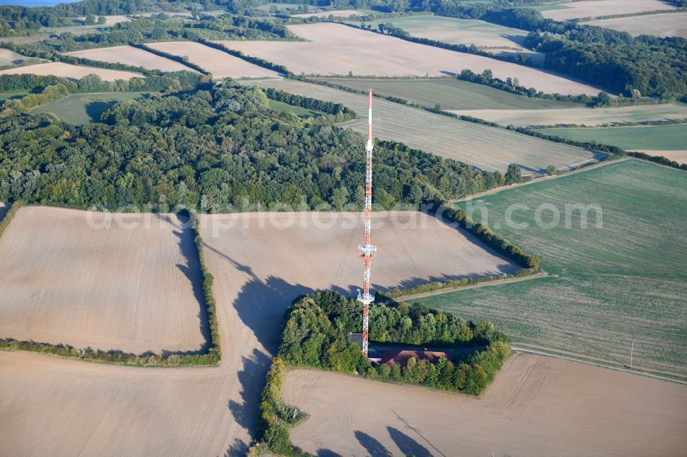 Groß Disnack from the bird's eye view: Steel mast funkturm and transmission system as basic network transmitter Sender Berkenthin in Gross Disnack in the state Schleswig-Holstein, Germany