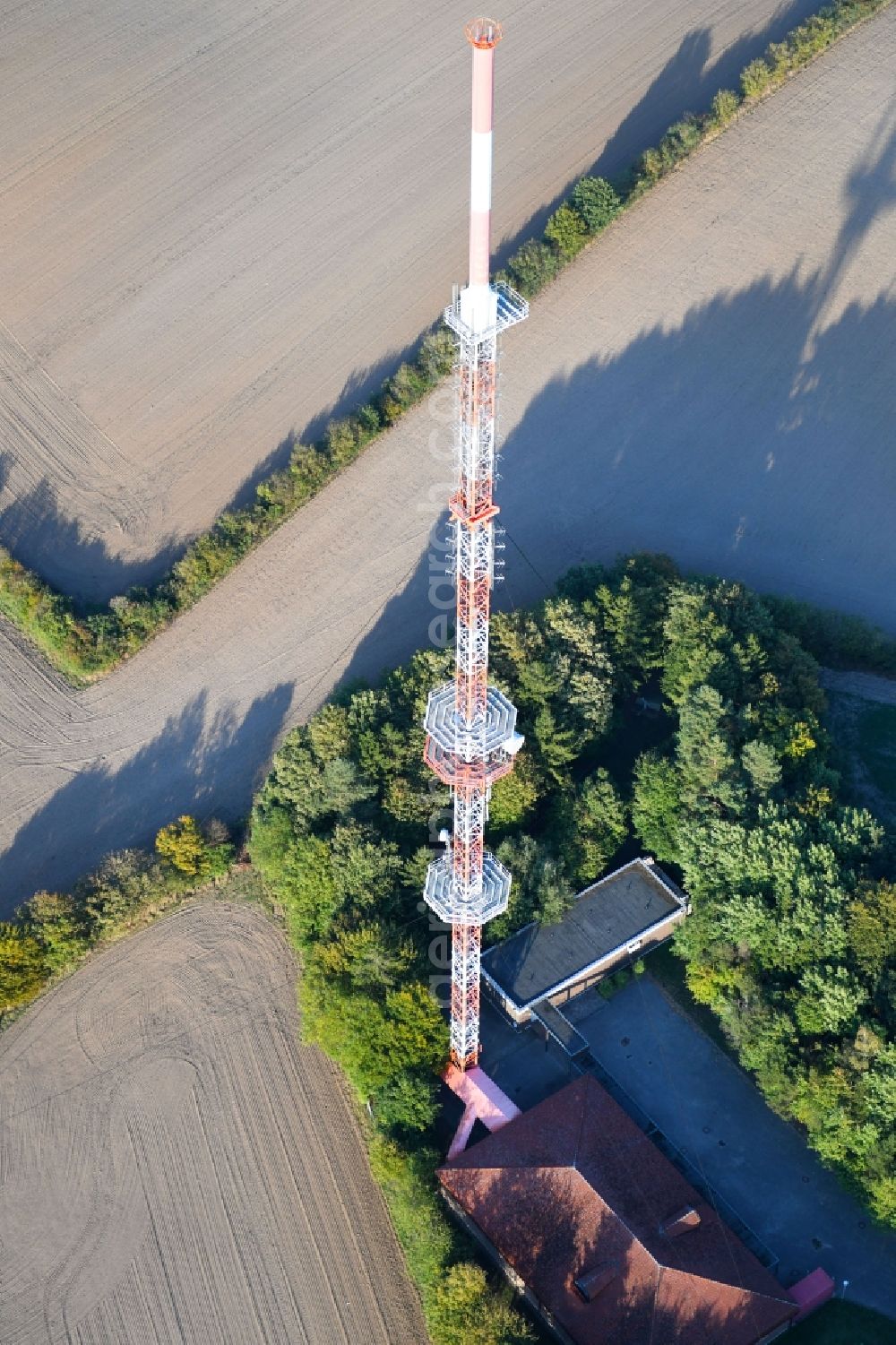 Groß Disnack from above - Steel mast funkturm and transmission system as basic network transmitter Sender Berkenthin in Gross Disnack in the state Schleswig-Holstein, Germany