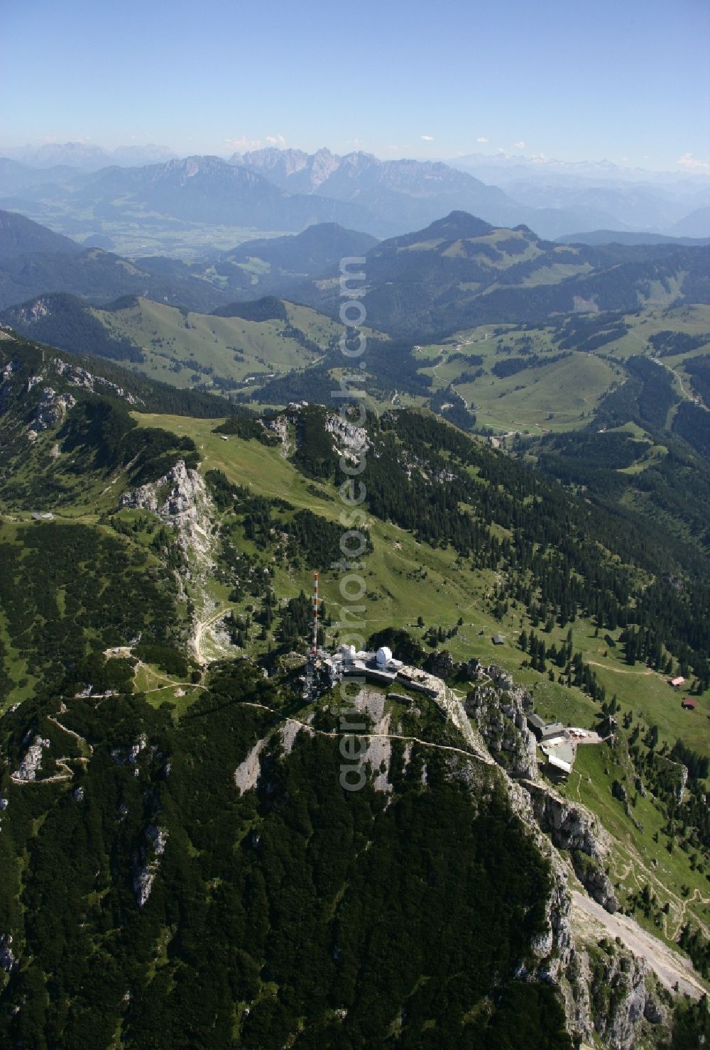 Aerial image Bayrischzell - Steel mast funkturm and transmission system as basic network transmitter Sender Wendelstein in Bayrischzell in the state Bavaria, Germany