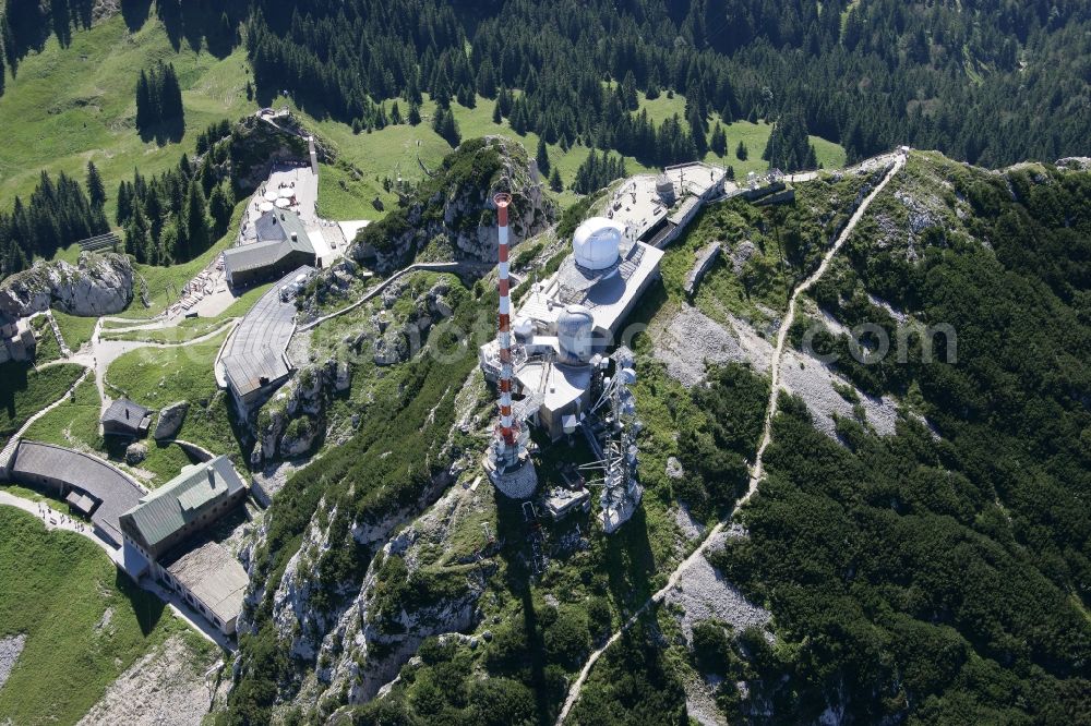 Aerial photograph Bayrischzell - Steel mast funkturm and transmission system as basic network transmitter Sender Wendelstein in Bayrischzell in the state Bavaria, Germany