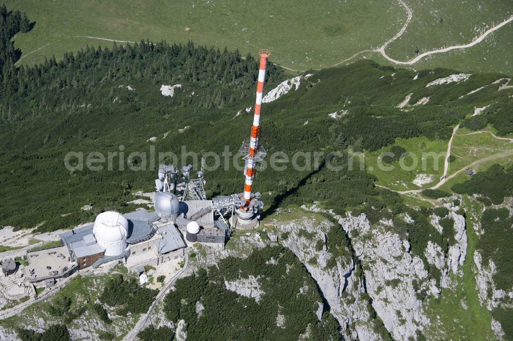 Aerial photograph Bayrischzell - Steel mast funkturm and transmission system as basic network transmitter Sender Wendelstein in Bayrischzell in the state Bavaria, Germany