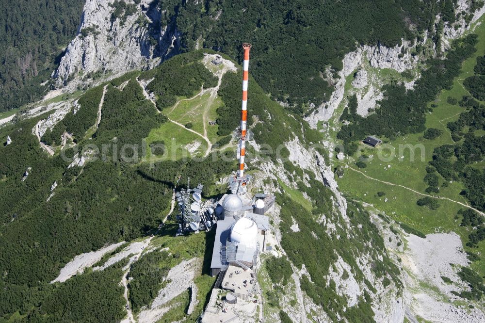 Aerial image Bayrischzell - Steel mast funkturm and transmission system as basic network transmitter Sender Wendelstein in Bayrischzell in the state Bavaria, Germany