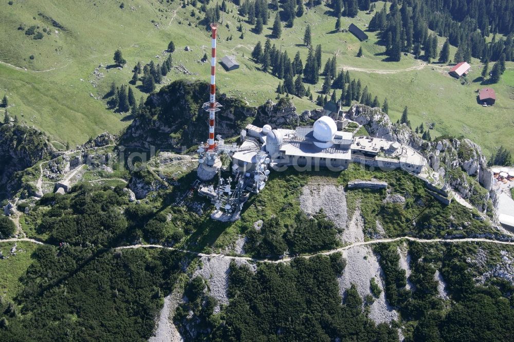 Bayrischzell from above - Steel mast funkturm and transmission system as basic network transmitter Sender Wendelstein in Bayrischzell in the state Bavaria, Germany