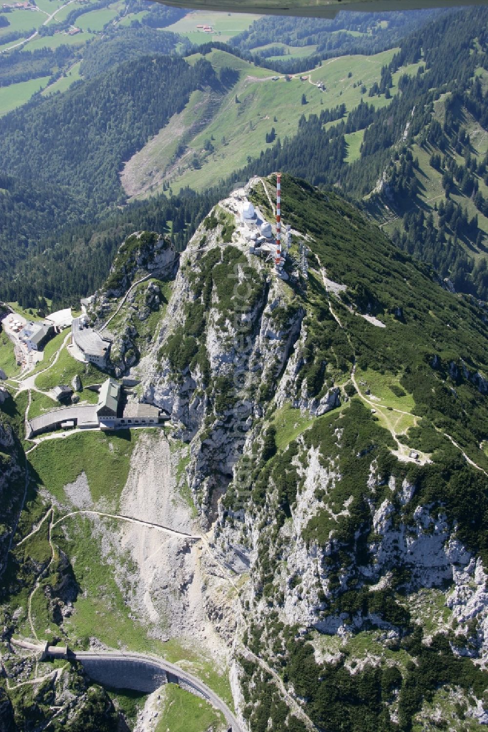 Aerial image Bayrischzell - Steel mast funkturm and transmission system as basic network transmitter Sender Wendelstein in Bayrischzell in the state Bavaria, Germany