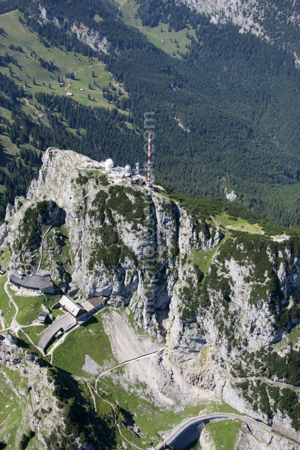 Bayrischzell from above - Steel mast funkturm and transmission system as basic network transmitter Sender Wendelstein in Bayrischzell in the state Bavaria, Germany