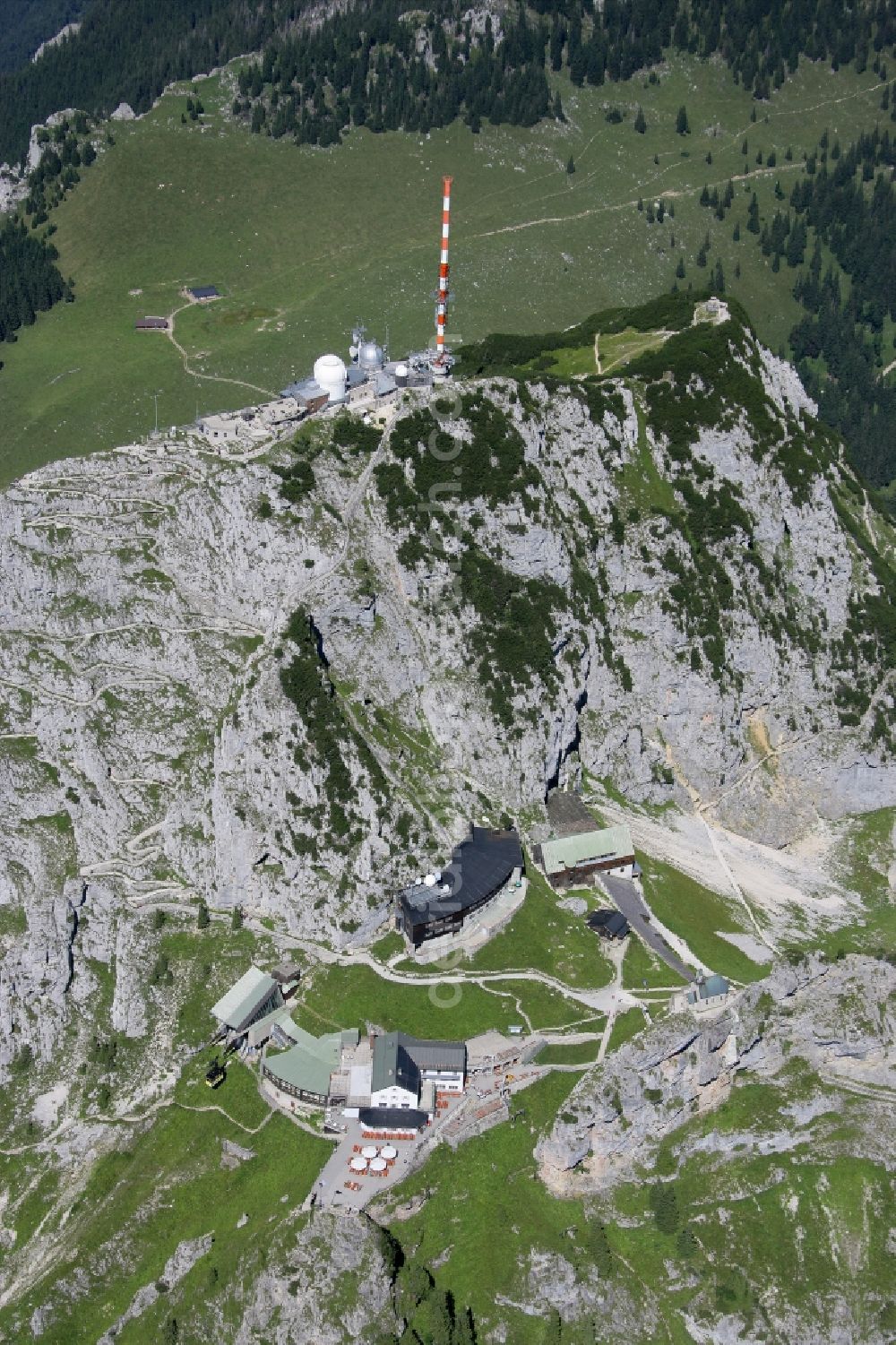 Aerial photograph Bayrischzell - Steel mast funkturm and transmission system as basic network transmitter Sender Wendelstein in Bayrischzell in the state Bavaria, Germany