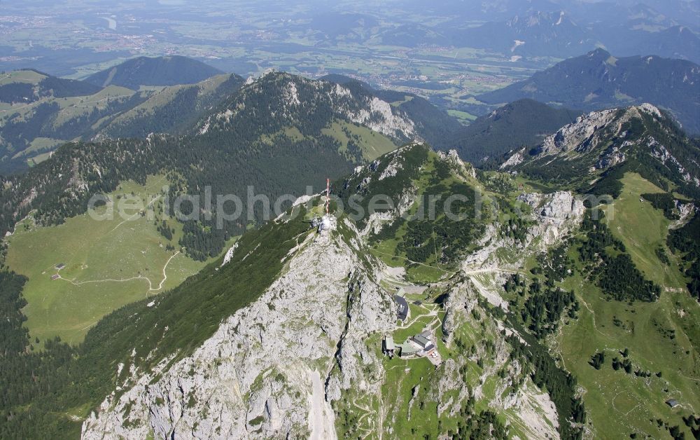 Bayrischzell from above - Steel mast funkturm and transmission system as basic network transmitter Sender Wendelstein in Bayrischzell in the state Bavaria, Germany