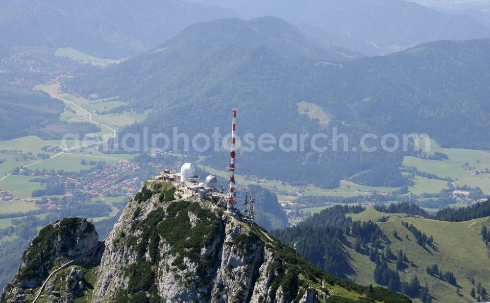 Aerial image Bayrischzell - Steel mast funkturm and transmission system as basic network transmitter Sender Wendelstein in Bayrischzell in the state Bavaria, Germany