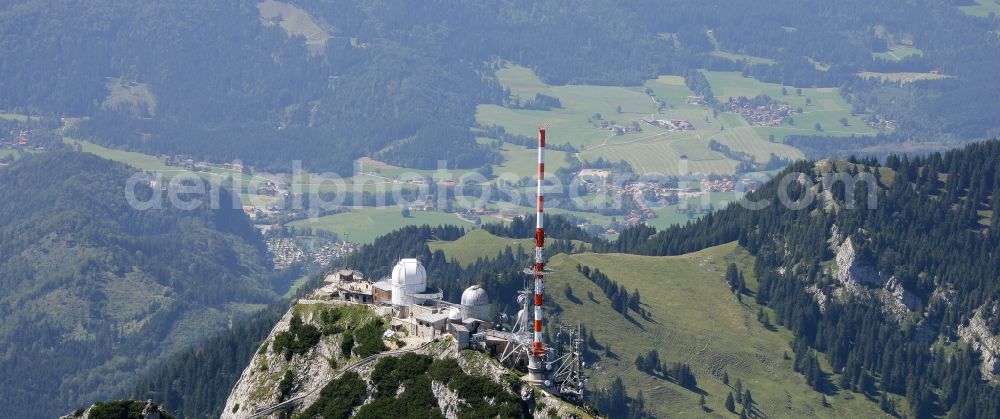 Aerial photograph Bayrischzell - Steel mast funkturm and transmission system as basic network transmitter Sender Wendelstein in Bayrischzell in the state Bavaria, Germany