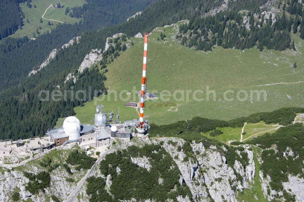 Bayrischzell from above - Steel mast funkturm and transmission system as basic network transmitter Sender Wendelstein in Bayrischzell in the state Bavaria, Germany