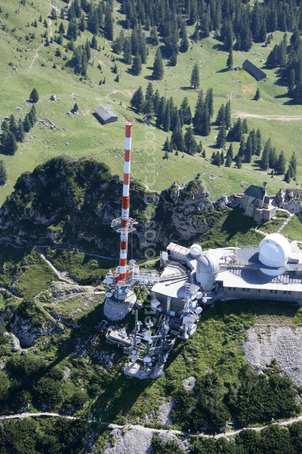 Bayrischzell from above - Steel mast funkturm and transmission system as basic network transmitter Sender Wendelstein in Bayrischzell in the state Bavaria, Germany