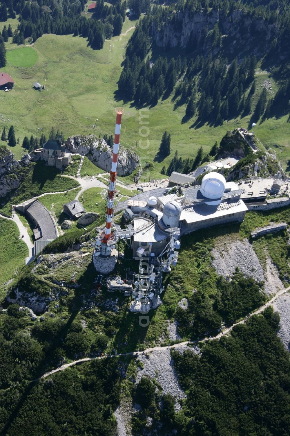 Aerial image Bayrischzell - Steel mast funkturm and transmission system as basic network transmitter Sender Wendelstein in Bayrischzell in the state Bavaria, Germany