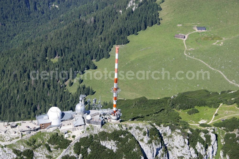 Bayrischzell from the bird's eye view: Steel mast funkturm and transmission system as basic network transmitter Sender Wendelstein in Bayrischzell in the state Bavaria, Germany