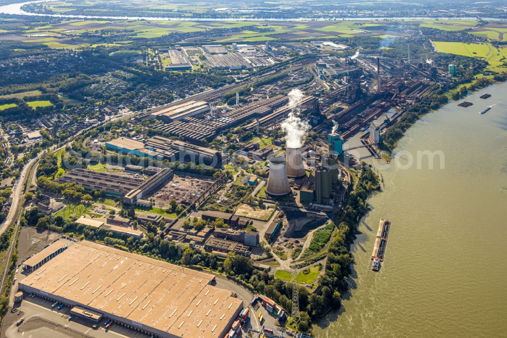 Duisburg from above - Technical equipment and production facilities of the steelworks of Huettenwerke Krupp Mannesmann GmbH on Ehinger Strasse in the district Huettenheim in Duisburg at Ruhrgebiet in the state North Rhine-Westphalia, Germany