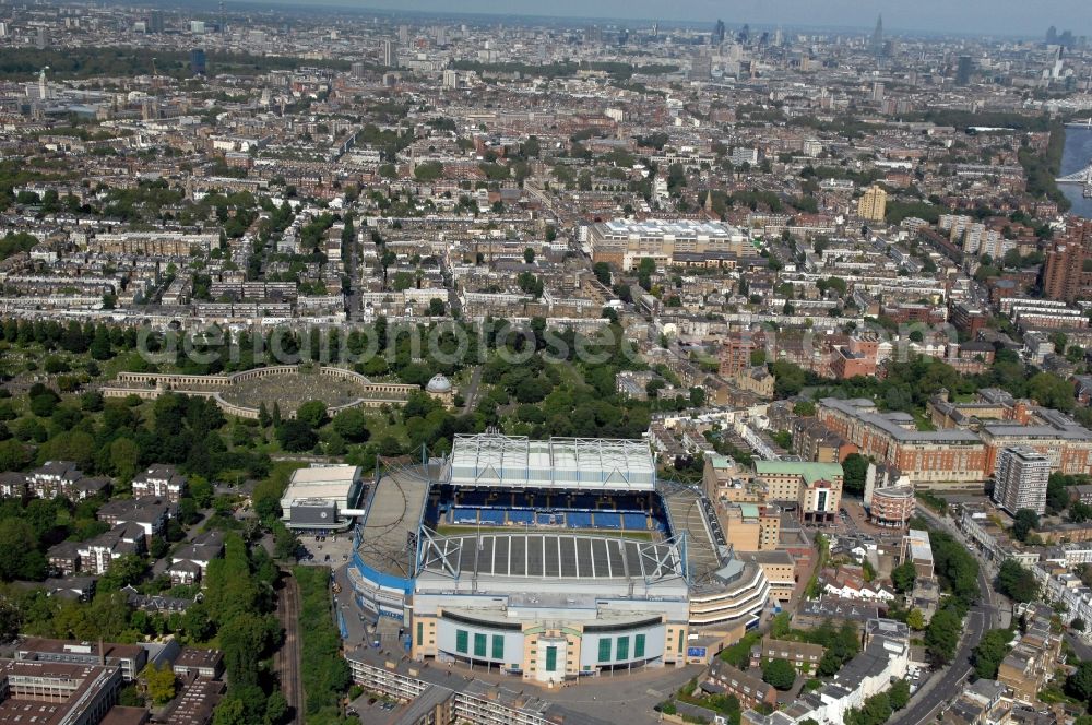 London from the bird's eye view: The Stamford Bridge stadium is the home ground of the English Premier League Chelsea Football Club in Great Britain