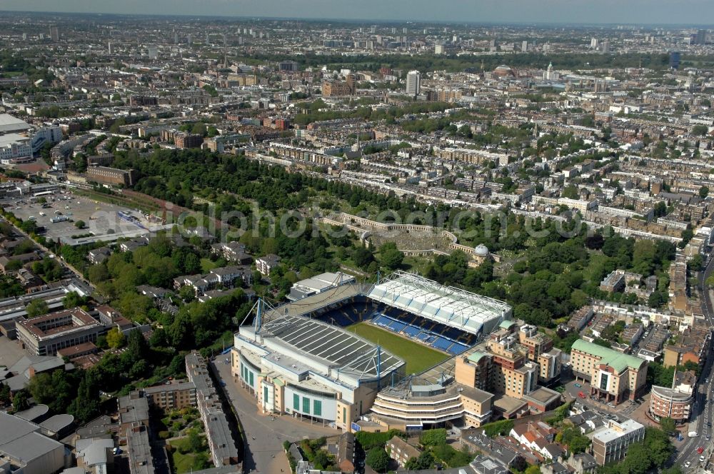 Aerial image London - The Stamford Bridge stadium is the home ground of the English Premier League Chelsea Football Club in Great Britain