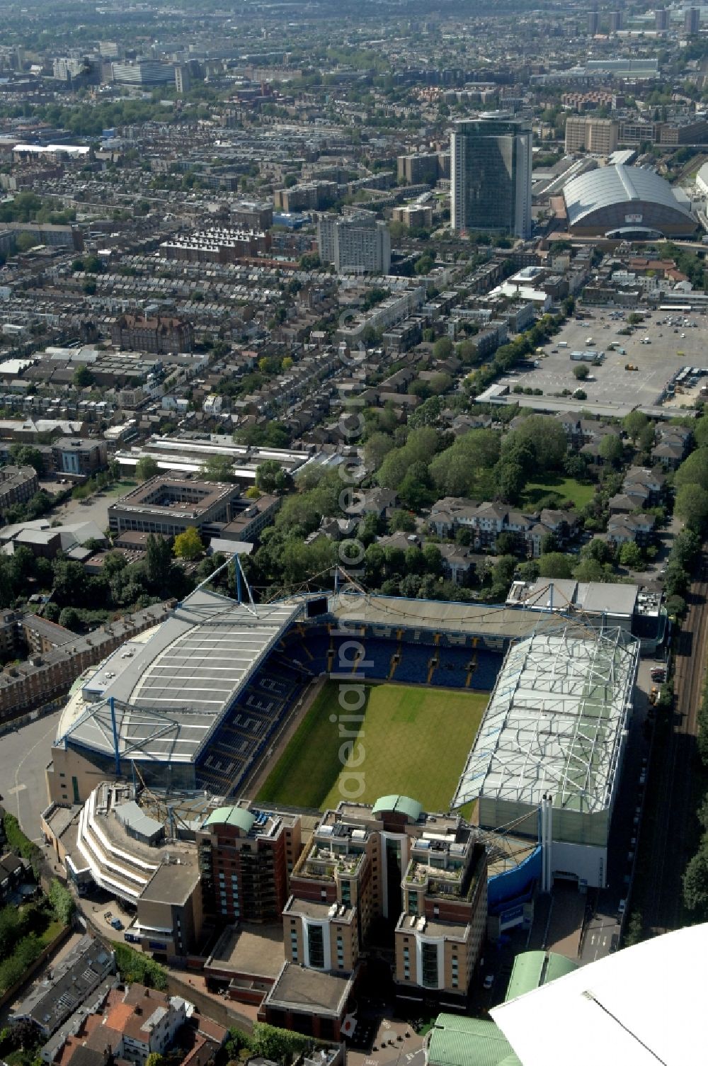 Aerial photograph London - The Stamford Bridge stadium is the home ground of the English Premier League Chelsea Football Club in Great Britain