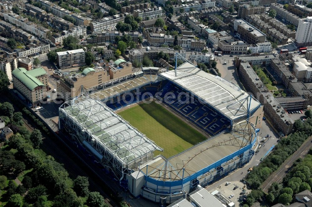 Aerial image London - The Stamford Bridge stadium is the home ground of the English Premier League Chelsea Football Club in Great Britain