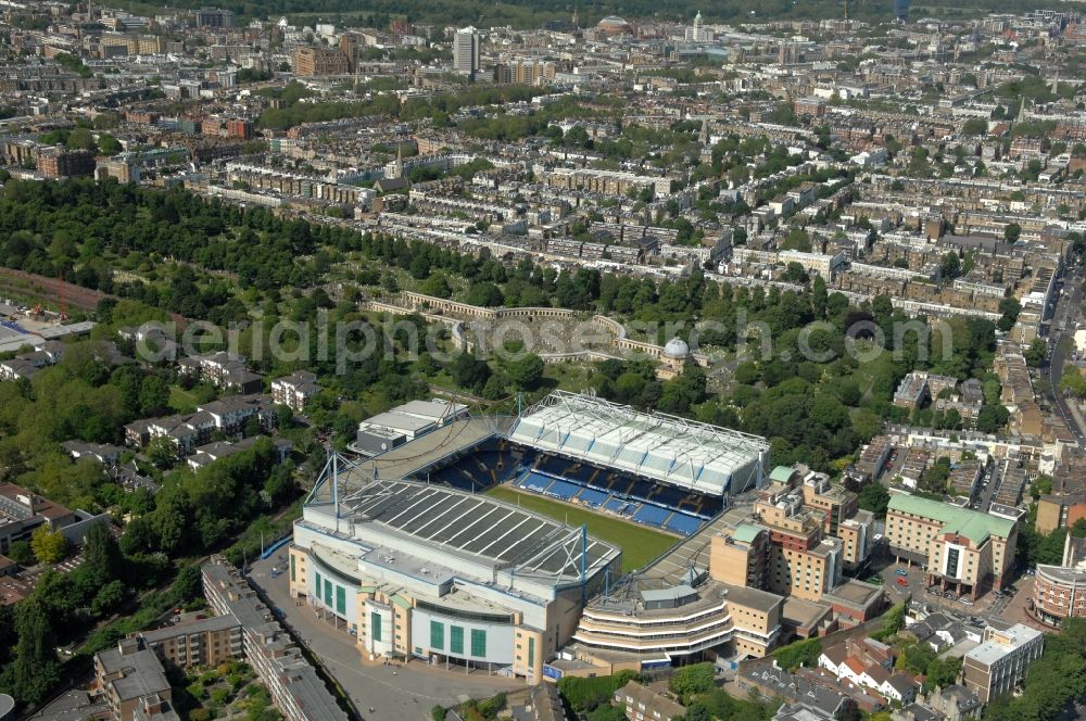 Aerial photograph London - The Stamford Bridge stadium is the home ground of the English Premier League Chelsea Football Club in Great Britain