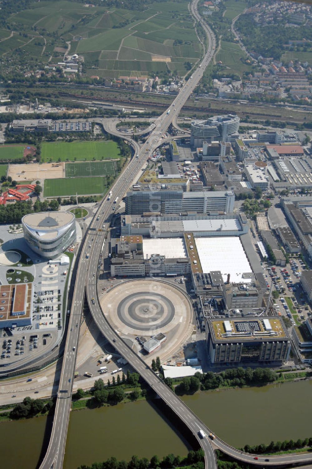 Stuttgart from above - Parent plant Mercedes-Benz in Stuttgart-Untertuerkheim and Daimler AG headquarters in the state of Baden-Wuerttemberg