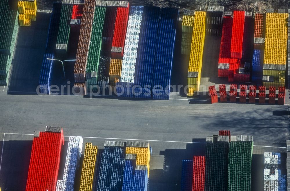 Aerial image Amberg - Stacked bottle crates on the location of the Birner Kunststoff - Kaesten & Flaschen GmbH in Amberg in Bavaria