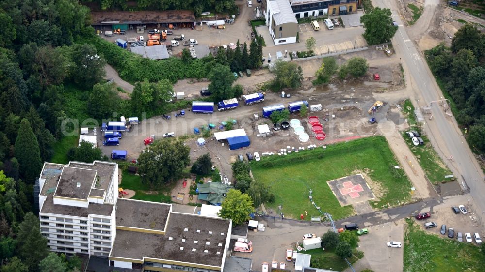 Aerial photograph Bad Neuenahr-Ahrweiler - Location of the technical relief organization at the Maria Hilf hospital after the flood disaster in the Ahr valley this year in Bad Neuenahr-Ahrweiler in the state Rhineland-Palatinate, Germany