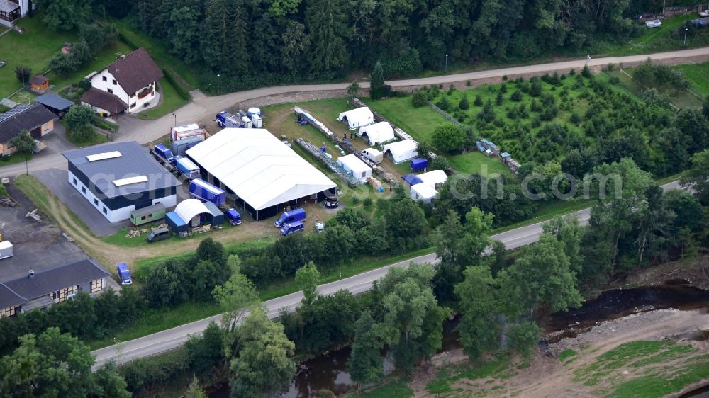 Hönningen from the bird's eye view: Location of the technical relief organization after the flood disaster in the Ahr valley this year Hoenningen in the state Rhineland-Palatinate, Germany